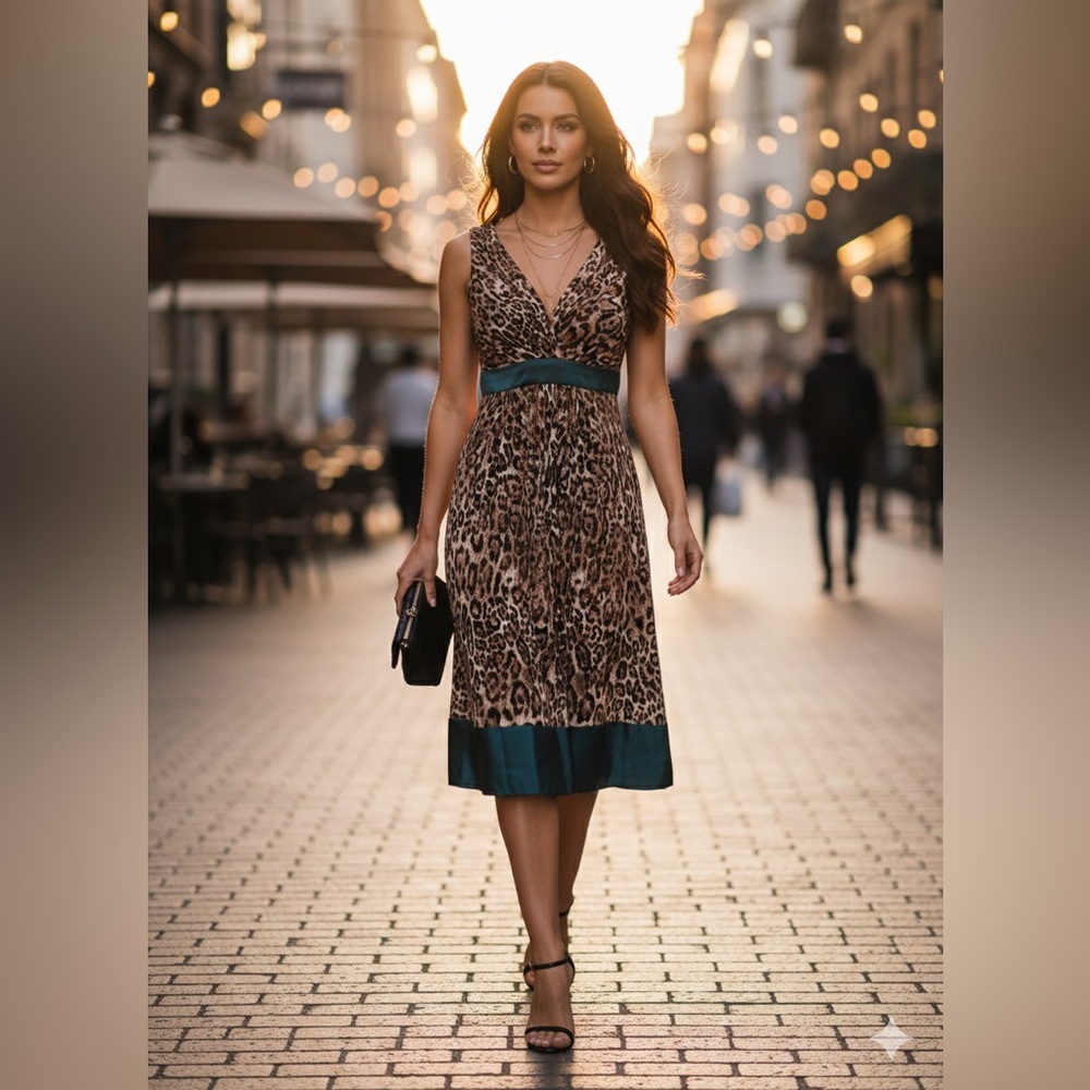 B. Smart Leopard Print Midi Dress with Teal Highlights - Picture 4 of 14